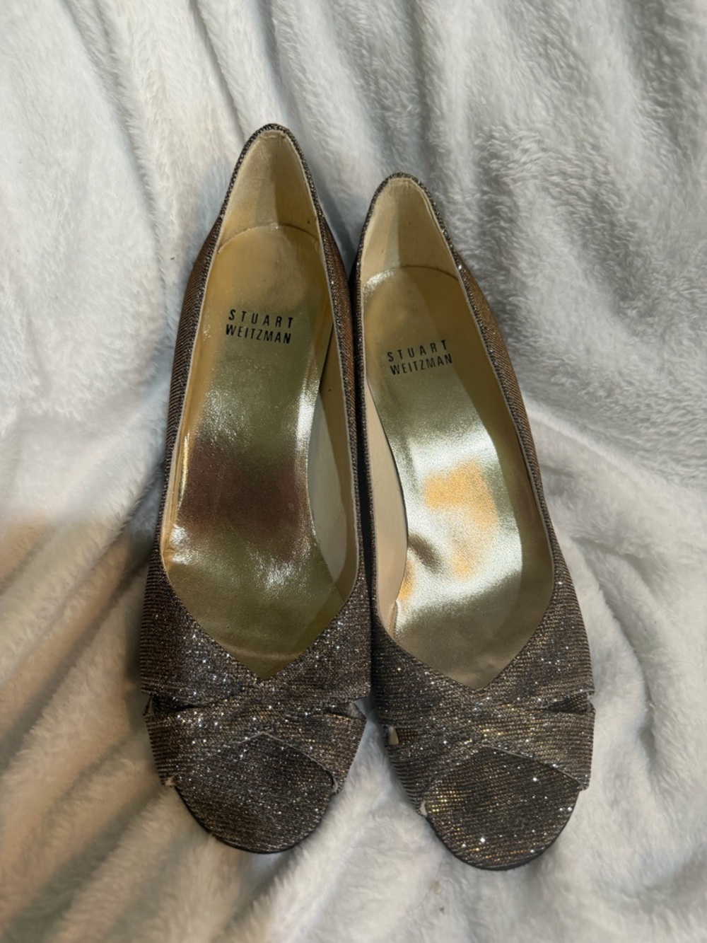 Stuart Weitzman Glitter Knotted Peep-Toe Heels in Bronze Tone